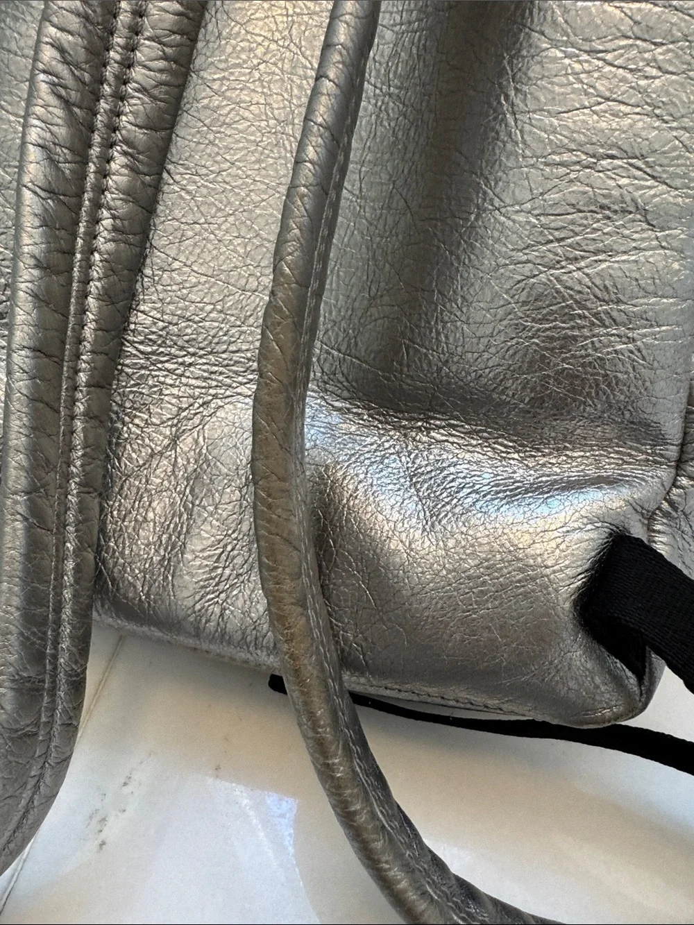 Marc Jacobs Silver Metallic Mini Backpack with Black Embellishment